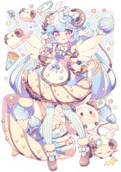 Rule 34 | 1girl, blue hair, bow, bowtie, food, goat, goat horns, halo, highres, holding, holding food, holding ice cream, holding ice cream cone, holding umbrella, horns, hyou (pixiv3677917), ice cream, ice cream cone, maid, original, red eyes, shoes, short hair, thighhighs, umbrella, wings
