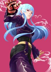 Rule 34 | 1girl, bad id, bad pixiv id, baro, belt, blue hair, gloves, jacket, kula diamond, long hair, pink background, pink eyes, snk, solo, the king of fighters, thighhighs