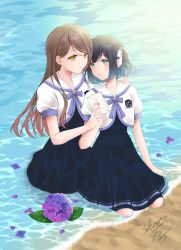 Rule 34 | 2girls, beach, black dress, black hair, bow, brown eyes, brown hair, commentary request, day, dress, envelope, eye contact, flower, flower on liquid, green eyes, hair bow, highres, holding, holding envelope, long hair, looking at another, multiple girls, official art, one side up, original, outdoors, parted lips, petals, petals on liquid, pleated dress, puffy short sleeves, puffy sleeves, purple flower, sailor collar, sand, school uniform, sheepd, shirt, short hair, short sleeves, signature, very long hair, water, white bow, white sailor collar, white shirt, yellow eyes, yuri