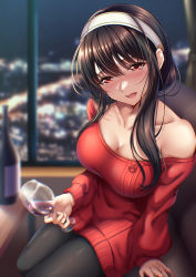 Rule 34 | 1girl, alcohol, bare shoulders, black hair, black pantyhose, blurry, blurry background, blush, bottle, breasts, city lights, cleavage, collarbone, commentary request, couch, cup, dress, drinking glass, drunk, hairband, highres, leaning forward, long hair, looking at viewer, medium breasts, night, nose blush, off-shoulder sweater, off shoulder, on couch, open mouth, pantyhose, rairaisuruyo, red eyes, red sweater, short hair with long locks, sidelocks, sitting, solo, spy x family, sweater, sweater dress, white hairband, window, wine, wine bottle, wine glass, yor briar
