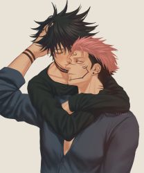 Rule 34 | 2boys, arm tattoo, arms around neck, artist name, black collar, black hair, closed mouth, collar, collarbone, couple, ear piercing, eyebrows, eyelashes, facial tattoo, forehead tattoo, fushiguro megumi, grabbing another&#039;s hair, green eyes, green shirt, hair between eyes, highres, hug, hug from behind, jujutsu kaisen, lips, long sleeves, looking at another, looking back, male focus, marrbl, multicolored hair, multiple boys, muscular, muscular male, neck tattoo, nose, open clothes, open shirt, parted lips, piercing, pink hair, red eyes, ryoumen sukuna (jujutsu kaisen), shirt, short hair, sideburns, sleeves rolled up, smile, spiked hair, tattoo, toned, toned male, two-tone hair, upper body, yaoi