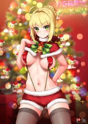 Rule 34 | 1girl, ahoge, bell, black thighhighs, blonde hair, blurry, blurry background, blush, bow, braid, breasts, capelet, christmas, christmas tree, closed mouth, cowboy shot, facing viewer, fate/extra, fate (series), foxyreine, french braid, fur-trimmed capelet, fur-trimmed shorts, fur trim, green bow, green eyes, hair bun, hair intakes, hair ribbon, hand on own hip, highres, large breasts, long hair, looking at viewer, meme, midriff, mistletoe, navel, nero claudius (fate), nero claudius (fate) (all), nero claudius (fate/extra), o-ring, one-piece swimsuit, padoru (meme), red capelet, red one-piece swimsuit, red ribbon, red shorts, red slingshot swimsuit, ribbon, short hair, short shorts, shorts, single hair bun, slingshot swimsuit, smile, solo, standing, swimsuit, thighhighs, thighs, zettai ryouiki
