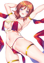 Rule 34 | 1girl, :d, alternate breast size, alternate costume, armlet, armpits, arms up, breast curtains, breasts, bucchake (asami), circlet, commission, dancer, gluteal fold, gold, harem outfit, large breasts, love live!, love live! school idol project, medium hair, nishikino maki, o-ring, open mouth, pelvic curtain, pixiv commission, purple eyes, red hair, revealing clothes, simple background, smile, solo, thighlet, thighs, white background