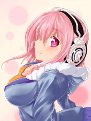 Rule 34 | 1girl, blush, breasts, cleavage, headphones, hood, hoodie, large breasts, long hair, looking at viewer, nitroplus, pink eyes, pink hair, smile, super sonico, varu (forscryd)