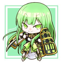 Rule 34 | 1girl, :&gt;, armor, armored skirt, chibi, commentary, dress, full body, green background, green eyes, green hair, green sash, hizamaru (tenka hyakken), holding, holding sword, holding weapon, japanese armor, long hair, outside border, sash, shoulder armor, sidelocks, sode, solo, sword, tachi (weapon), tenka hyakken, tubasa49, twitter username, weapon, white footwear