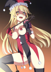 Rule 34 | 1girl, :d, asymmetrical gloves, bang dream!, black gloves, black thighhighs, blonde hair, blush, bottomless, breasts, commentary request, corruption, covered erect nipples, dark persona, feet out of frame, femdom, from below, gloves, gradient background, hat, heart, highres, holding, holding whip, jester, jester cap, long hair, looking at viewer, medium breasts, mismatched gloves, nipple piercing, nipple rings, no panties, no pants, open mouth, pasties, piercing, pom pom (clothes), red gloves, sakamata (sakamata4), sidelocks, smile, solo, standing, thighhighs, tsurumaki kokoro, underbust, whip, yellow eyes
