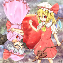 Rule 34 | 2girls, ascot, back bow, bat wings, black wings, blonde hair, bow, breasts, brooch, closed mouth, collared shirt, crossed arms, crystal, dress, flandre scarlet, frilled shirt collar, frilled skirt, frilled sleeves, frills, grey hair, hat, hat ribbon, holding, holding polearm, holding weapon, jewelry, laevatein (touhou), large bow, light smile, looking at another, medium hair, mob cap, moon, multicolored wings, multiple girls, one side up, pink headwear, pink shirt, pink skirt, polearm, puffy short sleeves, puffy sleeves, red bow, red brooch, red dress, red eyes, red moon, red ribbon, remilia scarlet, ribbon, ribbon-trimmed skirt, ribbon trim, sagami kaede, shirt, short sleeves, siblings, sisters, skirt, small breasts, touhou, upside-down, weapon, white headwear, white shirt, wings, yellow ascot