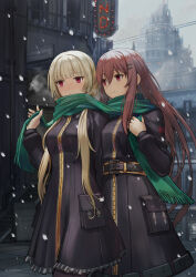 Rule 34 | 2girls, belt, blush, breasts, brown hair, closed mouth, commentary request, commission, hair between eyes, hair ornament, hairclip, highres, jacket, laica (marfusha), long hair, marfusha, marfusha (marfusha), medium breasts, multiple girls, red eyes, scarf, shared clothes, shared scarf, skeb commission, smile, snowing, tantaka