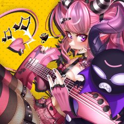 Rule 34 | 1girl, athies, bell, black choker, black nails, breasts, bubi (ironmouse), choker, cleavage, commentary, demon girl, demon horns, demon tail, english commentary, fingerless gloves, fishnet thighhighs, fishnets, gloves, guitar, hair bell, hair ornament, highres, holding, holding instrument, horns, instrument, ironmouse, ironmouse (pink rock), long hair, looking at viewer, medium breasts, multicolored hair, musical note, nail polish, open mouth, pink gloves, pink hair, pink shirt, pink shorts, pointy ears, purple eyes, purple hair, sharp teeth, shirt, shorts, skull choker, streaked hair, tail, teeth, thigh strap, thighhighs, tongue, tongue out, twintails, two-tone thighhighs, virtual youtuber, vshojo
