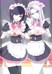 Rule 34 | 2girls, akiba maid sensou, animal ears, apron, black hair, black thighhighs, blue eyes, bow, breasts squeezed together, breasts, fake animal ears, frilled apron, frills, grey hair, headdress, heart, heart hands, highres, lactation, large breasts, lips, lipstick, long hair, looking at viewer, maid apron, makeup, mannen ranko, medium breasts, multiple girls, nipples, no bra, one breast out, pemuraa, pig ears, pink bow, pink eyes, red lips, short hair, standing, thighhighs, waist apron, white apron, white thighhighs, wrist cuffs, zettai ryouiki, zoya (akiba maid sensou)