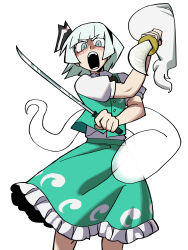 Rule 34 | 1girl, absurdres, black hairband, commentary, eddybird55555, english commentary, ghost, green skirt, green vest, hairband, highres, holding, holding sword, holding weapon, konpaku youmu, konpaku youmu (ghost), looking at viewer, multiple swords, open mouth, shirt, short sleeves, simple background, skirt, solo, sword, touhou, vest, weapon, white background, white eyes, white hair, white shirt