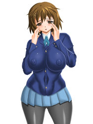 Rule 34 | artist request, blush, breast press, breasts, brown eyes, brown hair, cameltoe, covered erect nipples, highres, hip focus, hirasawa yui, k-on!, large breasts, miniskirt, nipples, pantyhose, school uniform, short hair, skin tight, skirt, thick thighs, thigh gap, thighs, wide hips