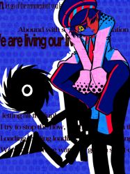 Rule 34 | 1girl, androgynous, atlus, benishiro, bloody025, blue hair, cabbie hat, crossdressing, dark persona, drill, female focus, hair between eyes, hair over one eye, hat, lab coat, long sleeves, looking at viewer, lyrics, necktie, open mouth, pants, persona, persona 4, reverse trap, shadow (persona), shirogane naoto, shoes, short hair, sitting, solo, text focus, yellow eyes