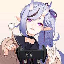 Rule 34 | 1girl, absurdres, binaural microphone, blue hair, ear picking, facing viewer, fang, hair ribbon, highres, horns, long hair, microphone, nijisanji, pointy ears, purple eyes, realmbw, ribbon, rindou mikoto, side ponytail, simple background, skin fang, sleeves past wrists, solo, thick eyebrows, virtual youtuber