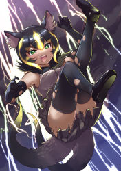 Rule 34 | 1girl, animal ear fluff, animal ears, black footwear, black gloves, black hair, black skirt, black thighhighs, blonde hair, commentary request, elbow gloves, electricity, full body, gloves, green eyes, kemono friends, leg up, looking at viewer, multicolored hair, multiple tails, necktie, open mouth, pleated skirt, raijuu (kemono friends), shirt, shoes, short hair, skirt, sleeveless, sleeveless shirt, solo, tadano magu, tail, thighhighs, torn clothes, torn gloves, torn skirt, torn thighhighs, two-tone hair, two tails, v-shaped eyebrows