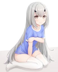 Rule 34 | 1girl, between legs, blue shirt, blush, bottomless, breasts, closed mouth, collarbone, covering privates, embarrassed, melusine (fate), fate/grand order, fate (series), full body, hair between eyes, hair ornament, hand between legs, long hair, shirt, silver hair, simple background, sitting, small breasts, solo, thighhighs, wavy mouth, white background, yudaneko