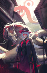 Rule 34 | 1girl, black coat, blue hair, chinese clothes, claws, closed mouth, coat, commentary, cost, dragon, earrings, eastern dragon, fedora, hair over shoulder, hanafuda earrings, hat, high collar, highres, hololive, hoshimachi suisei, hoshimachi suisei (oriental suit), jewelry, light blue hair, looking at viewer, official alternate costume, outdoors, shirakawafel, sleeves past wrists, solo, sunglasses, twitter username, virtual youtuber