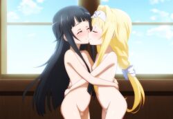 2girls ai-generated alice_zuberg black_hair blonde_hair braid breasts censored flat_chest happy kiss kodomo_doushi loli mosaic_censoring multiple_girls nude ribbon small_breasts sword_art_online white_ribbon yui_(sao) yuri