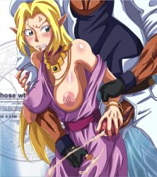 Rule 34 | 1990s (style), 1girl, anger vein, angry, blonde hair, blush, bracelet, breast slip, breasts, celcia marie claire, cum, cum on clothes, dress, ejaculation, elf, elf wo karu mono-tachi, grabbing, grabbing from behind, green eyes, groping, handjob, jewelry, large breasts, long hair, nail polish, necklace, nipples, one breast out, penis, pointy ears, retro artstyle, ryuzouji junpei, sagging breasts, shang, standing, uncensored