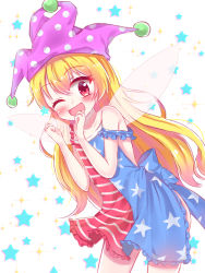 Rule 34 | 1girl, absurdres, adapted costume, apron, bad id, bad pixiv id, blonde hair, blush, clownpiece, fairy wings, hanen (borry), hat, highres, jester cap, leaning forward, long hair, looking at viewer, naked apron, neck ruff, one eye closed, polka dot, red eyes, smile, solo, star (symbol), striped, touhou, wings