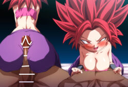 Rule 34 | 1boy, 1girl, :d, areola slip, ass, bar censor, bare shoulders, blurry, blurry background, blush, breasts, buttjob, buttjob over clothes, caulifla, censored, cleavage, clothed female nude male, commission, covered erect nipples, dark-skinned male, dark skin, dragon ball, dragon ball super, erection, from behind, girl on top, hetero, interracial, large breasts, large penis, looking at viewer, multiple views, nipple stimulation, nipple tweak, nude, open mouth, pants, penis, pink tube top, purple pants, red eyes, red hair, rom (20), skeb commission, smile, spiked hair, strapless, super saiyan, super saiyan god, tube top, uneven eyes