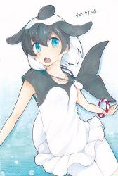 Rule 34 | 10s, 1girl, bike shorts, black hair, blowhole, blue eyes, bracelet, cetacean tail, character name, commentary request, commerson&#039;s dolphin (kemono friends), fins, fish tail, frilled skirt, frills, isobee, jewelry, kemono friends, multicolored hair, necklace, short hair, shorts, shorts under skirt, skirt, sleeveless, solo, tail, tank top, translation request, white hair