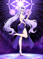 1girl absurdres alternate_costume ass backless_dress backless_outfit bare_arms bare_back bare_legs bare_shoulders bead_bracelet beads black_swan_(honkai:_star_rail) bracelet breasts chinese_commentary closed_mouth commentary commentary_request cup dress drinking_glass english_commentary eyewear_on_head feet fingernails full_body glasses hair_between_eyes high_heels highres holding holding_cup honkai:_star_rail honkai_(series) jewelry large_breasts large_variant_set leg_up legs long_hair looking_at_viewer mixed-language_commentary multilingual_commentary nail_polish paid_reward_available pince-nez purple_dress purple_eyes purple_hair purple_nails purple_shoes round_eyewear shoes side_slit sleeveless sleeveless_dress smile solo standing standing_on_one_leg sunglasses thighs toes two-tone_eyes variant_set very_long_hair yunkaiming