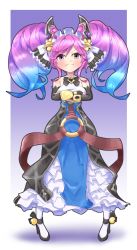 Rule 34 | &gt;:t, 1girl, :i, bad id, bad twitter id, bare shoulders, bell, black bow, black bowtie, black coat, black footwear, blue background, blue dress, blue hair, blush, border, bow, bowtie, breasts, cleo (dragalia lost), coat, commentary, commentary request, crossed arms, detached sleeves, dragalia lost, dress, full body, gradient background, gradient hair, hair bell, hair ornament, high heels, highres, large breasts, looking at viewer, maid headdress, multicolored hair, pout, purple eyes, purple hair, saitama drgla, simple background, solo, symbol-only commentary, twintails, v-shaped eyebrows, white background, white border, white legwear