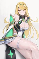Rule 34 | 1girl, absurdres, bad id, bad pixiv id, bare legs, bare shoulders, blonde hair, breasts, chest jewel, cleavage, cleavage cutout, clothing cutout, dress, earrings, elbow gloves, gloves, highres, jewelry, large breasts, long hair, matsukan (dug pile), mythra (xenoblade), short dress, solo, swept bangs, thigh strap, thighs, tiara, very long hair, white dress, white gloves, xenoblade chronicles (series), xenoblade chronicles 2, yellow eyes