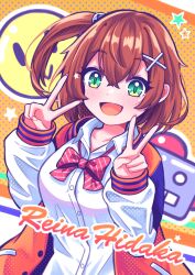 Rule 34 | 1girl, :d, absurdres, blush, bow, bowtie, brown hair, character name, collared shirt, denonbu, double v, green eyes, hair ornament, hair tie, hairclip, hidaka reina (denonbu), highres, jacket, long sleeves, looking at viewer, menaguro, open clothes, open jacket, open mouth, orange jacket, robot, school uniform, shirt, side ponytail, smile, smiley face, solo, star (symbol), v, white shirt, x hair ornament