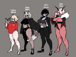Rule 34 | 4girls, absurdres, ahoge, ash (ginseng), asymmetrical clothes, bare shoulders, black sclera, blonde hair, bra, breasts, character name, chris (ginseng), cleaver, colored sclera, colored skin, dark-skinned female, dark skin, emil (ginseng), eyepatch, fang, fur collar, ginseng (xin), grey background, grey bra, grey hair, grey skin, halterneck, height chart, highres, holding, holding weapon, horns, huge breasts, large breasts, midriff, mole, mole on breast, multiple girls, navel, o-ring, one-eyed, original, pants, pink skin, pointy ears, revealing clothes, rey (ginseng), scissors, shoes, short hair, shortstack, single pantsleg, skin fang, sneakers, sports bra, strapless, thick thighs, thighs, tube top, underwear, weapon, yellow eyes, zipper
