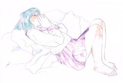 Rule 34 | 1girl, barefoot, blue hair, commentary request, closed eyes, full body, hand to own mouth, long sleeves, own hands together, pink skirt, pleated skirt, purple sailor collar, sailor collar, shirt, short hair, simple background, skirt, solo, white background, yukisita mayu