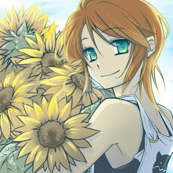Rule 34 | 00s, 1boy, flower, green eyes, kagemoto yuki, luke fon fabre, male focus, nature, outdoors, plant, red hair, sky, solo, sunflower, tales of (series), tales of the abyss