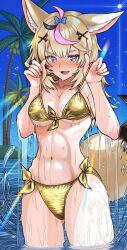 1girl absurdres ahoge animal_ears bikini bikini_pull bikini_top_lift bikini_top_pull blonde_hair blue_sky blush bow breasts cleavage clothes_lift clothes_pull day diamond_hair_ornament fox_ears fox_girl fox_tail front-tie_bikini_top front-tie_top gold gold_bikini golden_week hair_ornament heart heart-shaped_pupils highres hololive long_hair looking_at_viewer multicolored_hair muon_daa navel ocean omaru_polka open_mouth outdoors palm_tree partially_submerged pink_hair playing_card_theme purple_eyes satin_bikini shiny_swimsuit side-tie_bikini_bottom sky smile solo spade_hair_ornament stomach streaked_hair swimsuit symbol-shaped_pupils tail tree virtual_youtuber water water_drop wet