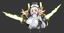 Rule 34 | 1girl, :d, apron, armor, beam saber, black background, black dress, black legwear, blonde hair, blue eyes, blush, breastplate, colored eyelashes, commentary request, dress, fang, firing, frilled apron, frills, full body, long hair, long sleeves, maid, maid headdress, open mouth, original, ran system, robot, simple background, smile, solo, striped legwear, very long hair