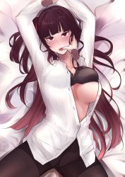 Rule 34 | 1girl, absurdres, bed, black bra, black pantyhose, blush, bra, breasts, commentary request, girls&#039; frontline, hair ribbon, hands up, highres, long hair, looking at viewer, lying, medium breasts, on back, open clothes, open mouth, open shirt, pantyhose, purple hair, red eyes, red ribbon, ribbon, shirt, solo, stigmamyu, tears, underwear, wa2000 (girls&#039; frontline), white shirt