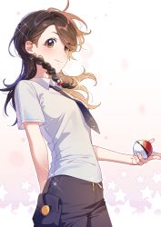 1girl alternate_hair_length alternate_hairstyle braid breasts brown_eyes brown_hair closed_mouth collared_shirt commentary_request cowboy_shot creatures_(company) eyelashes game_freak highres holding holding_poke_ball juliana_(pokemon) long_hair necktie nintendo poke_ball pokemon pokemon_sv shi_mohaji shirt shorts smile solo sparkle star_(symbol) white_shirt