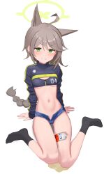 Rule 34 | 1girl, absurdres, ahoge, alternate costume, animal ears, black socks, blue archive, braid, breasts, brown hair, extra ears, fox ears, full body, green eyes, green halo, grin, halo, highres, long hair, long sleeves, looking at viewer, otogi (blue archive), sexually suggestive, single braid, sitting, small breasts, smile, socks, solo, suggestive fluid, very long hair, wariza, white background, whoning1