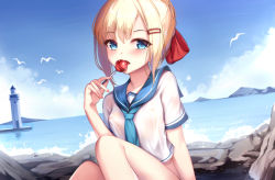 Rule 34 | 1girl, bird, blonde hair, blue eyes, blue neckerchief, blue sailor collar, blue sky, blush, bow, braid, breasts, candy, cloud, collarbone, commentary request, covered erect nipples, day, dutch angle, food, hair between eyes, hair bow, hair ornament, hairclip, holding, holding candy, holding food, holding lollipop, horizon, lighthouse, lollipop, looking at viewer, neckerchief, no bra, ocean, original, outdoors, parted lips, red bow, rock, sailor collar, school uniform, see-through, serafuku, shirt, short sleeves, sidelocks, sitting, sky, small breasts, solo, water, waves, wet, wet clothes, wet shirt, yan (nicknikg)