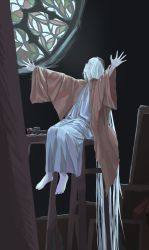 Rule 34 | 124802546, 1girl, absurdly long hair, absurdres, barefoot, chair, dark souls (series), dark souls iii, highres, long hair, painting woman (dark souls), sitting, stained glass, very long hair, white hair, window, yellow eyes