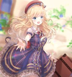 Rule 34 | 1girl, bad id, bad pixiv id, belt, blonde hair, blue belt, blue dress, blue eyes, blurry, blurry background, blush, breasts, commentary request, dress, hair ornament, highres, holding, holding suitcase, idolmaster, idolmaster cinderella girls, jewelry, long hair, looking at viewer, medium breasts, ohtsuki yui, open mouth, sa-ya2, smile, solo, suitcase, wavy hair