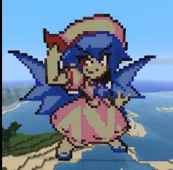 Rule 34 | 1girl, beach, blue hair, female focus, full body, giant, giantess, minecraft, ocean, outdoors, red eyes, remilia scarlet, self-upload, solo, standing, tagme, touhou, touhou ningyougeki, tree, wings
