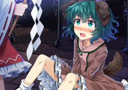 Rule 34 | 2girls, animal ears, blush, brown dress, collarbone, commentary request, dress, e.o., feet out of frame, gohei, green eyes, green hair, hair between eyes, hakurei reimu, head out of frame, holding, kasodani kyouko, knees up, long sleeves, looking at another, looking up, multiple girls, nose blush, petticoat, red skirt, ribbon-trimmed sleeves, ribbon trim, short hair, sitting, skirt, socks, standing, tail, tears, touhou, v arms, white legwear, wide sleeves