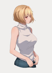 Rule 34 | 1girl, absurdres, arcueid brunestud, bare arms, blonde hair, breasts, closed mouth, hair intakes, highres, medium breasts, nishizuki shino, red eyes, short hair, simple background, sleeveless, sleeveless sweater, smile, solo, standing, sweater, tsukihime, turtleneck, turtleneck sweater, white background, white sweater
