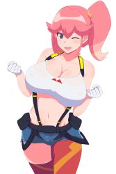 1girl aina_ardebit bare_shoulders blue_eyes breasts cleavage denim denim_shorts covered_erect_nipples gloves highres large_breasts long_hair looking_at_viewer midriff navel one_eye_closed open_mouth pink_hair promare short_shorts shorts side_ponytail smile solo suspenders thighhighs white_gloves wink