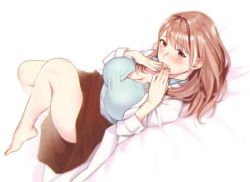 Rule 34 | 1girl, blush, breasts, brown hair, cleavage, collarbone, finger to mouth, full body, lab coat, large breasts, lips, long hair, lying, musha sabu, on back, original, red eyes, skirt, solo