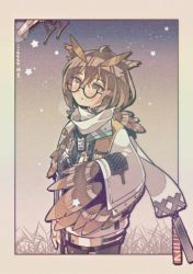 Rule 34 | 1girl, arknights, border, brown hair, cape, commentary request, cowboy shot, drone, feather hair, feathers, grass, hair between eyes, id card, looking up, night, official alternate costume, outside border, owl ears, red eyes, scarf, semi-rimless eyewear, short hair, silence (arknights), silence (frosted breath) (arknights), solo, star (symbol), sweater, turtleneck, turtleneck sweater, under-rim eyewear, white border, white cape, white scarf, zy jomi