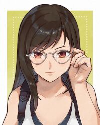 1girl adjusting_eyewear bare_arms bare_shoulders black_hair black_sports_bra border brown_eyes closed_mouth collarbone commentary final_fantasy final_fantasy_vii final_fantasy_vii_rebirth final_fantasy_vii_remake glasses highres light_blush light_smile long_hair looking_at_viewer nail_polish outside_border pink_lips pink_nails rena_s1226 single_sidelock solo sports_bra suspenders swept_bangs tank_top tifa_lockhart upper_body white_border white_tank_top