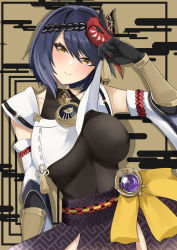 Rule 34 | 1girl, absurdres, black hair, breasts, clothes lift, genshin impact, gloves, highres, kujou sara, lifting own clothes, looking at viewer, mask, mask on head, short hair, smile, tengu mask, tian kazuki, vambraces, vision (genshin impact), yellow eyes