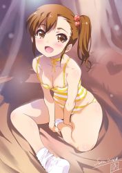 Rule 34 | 1girl, breasts, brown eyes, brown hair, camisole, cleavage, futami mami, idolmaster, idolmaster (classic), inoue sora, looking at viewer, open mouth, panties, short hair, side ponytail, sitting, small breasts, smile, solo, striped clothes, striped panties, underwear